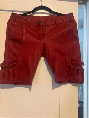 Jean Paul Gaultier Red Leather Bermuda Shorts with Pleated Cuffs